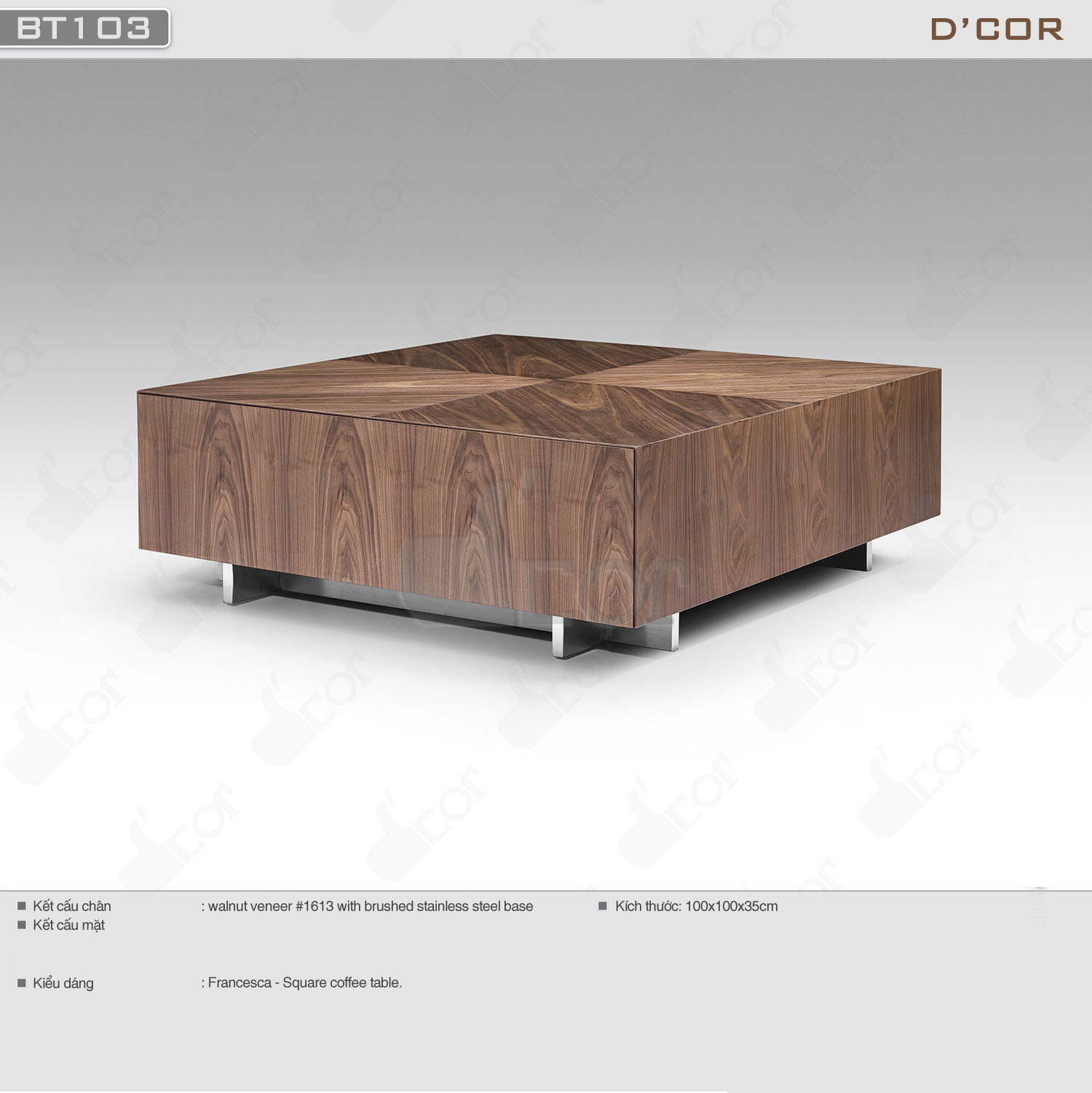 Mẫu bàn trà hình vuông màu gỗ óc chó kích thước 100x100x35cm